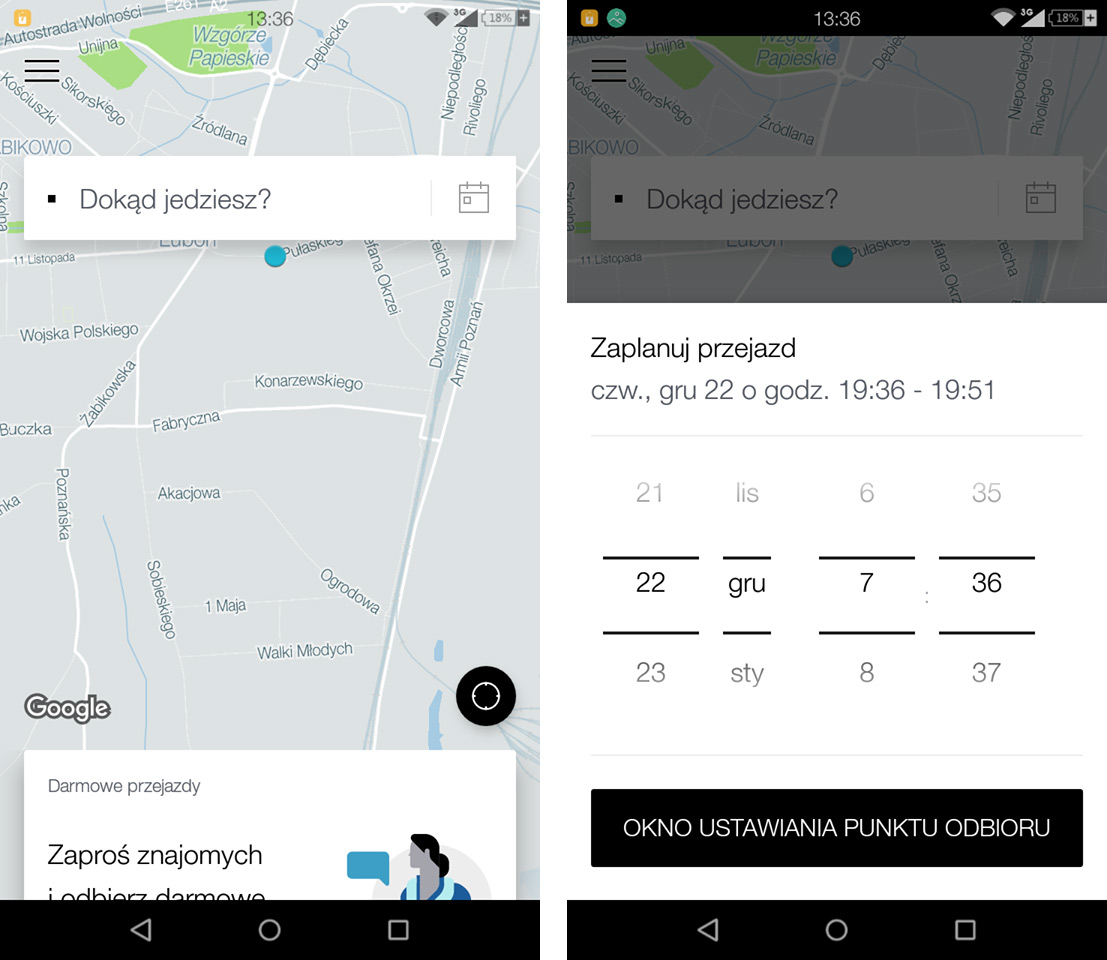 Uber - ustawianie godziny przejazdu