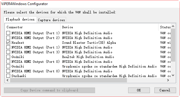 Wybór urządzenia audio w Viper4Windows