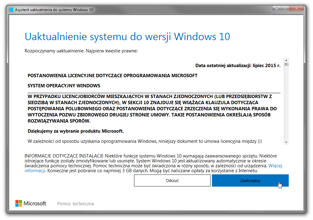 Zaakceptuj warunki uaktualnienia do Windows 10