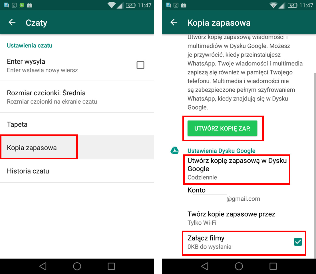 Opcje kopii zapasowej w Whatsapp