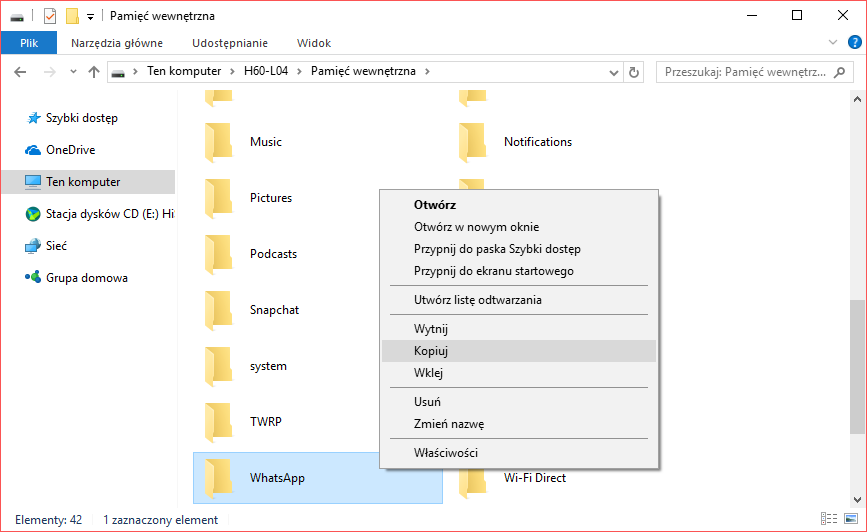 Przekopiuj folder Whatsapp