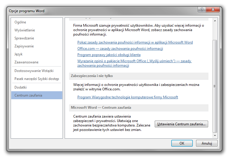 Opcje programu Word