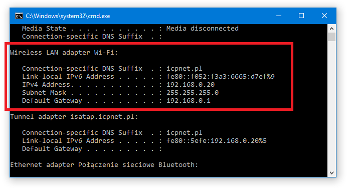 Wyszukiwanie adresu IP routera w ipconfig