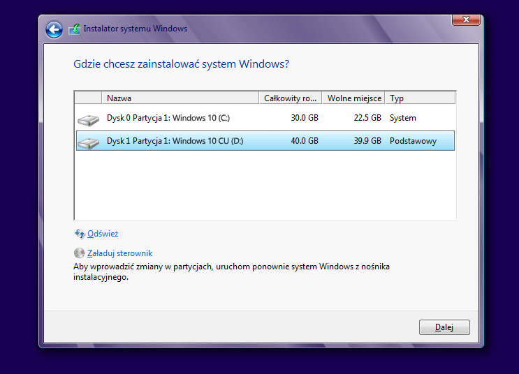 Zainstaluj Windows 10 CU na utworzonej partycji