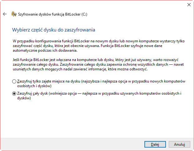 Wybierz część dysku do zaszyfrowania przez BitLocker