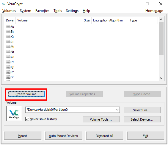 VeraCrypt - główne okno programu