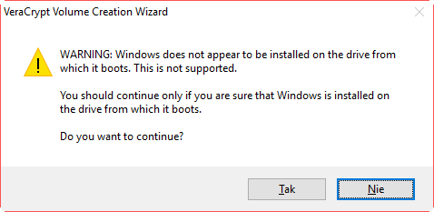 VeraCrypt - komunikat o problemie z instalacją systemu