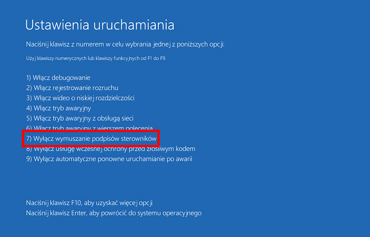 Wyłącz wymuszanie podpisu sterowników w Windows 8 / 10