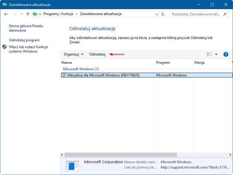 Usuń aktualizację KB3176929