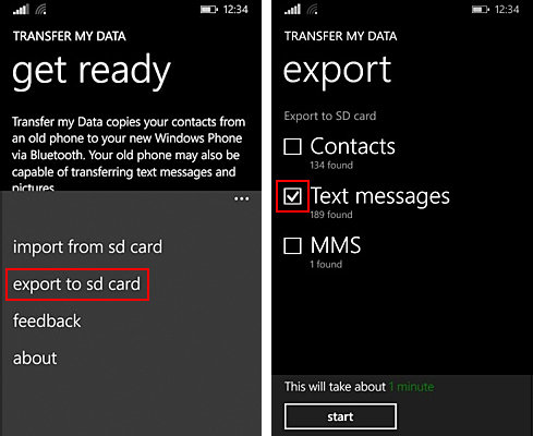 Eksportowanie wiadomości SMS w Windows Phone