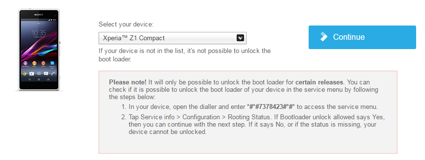 Rozpocznij formularz odblokowania bootloader w Z1 Compact