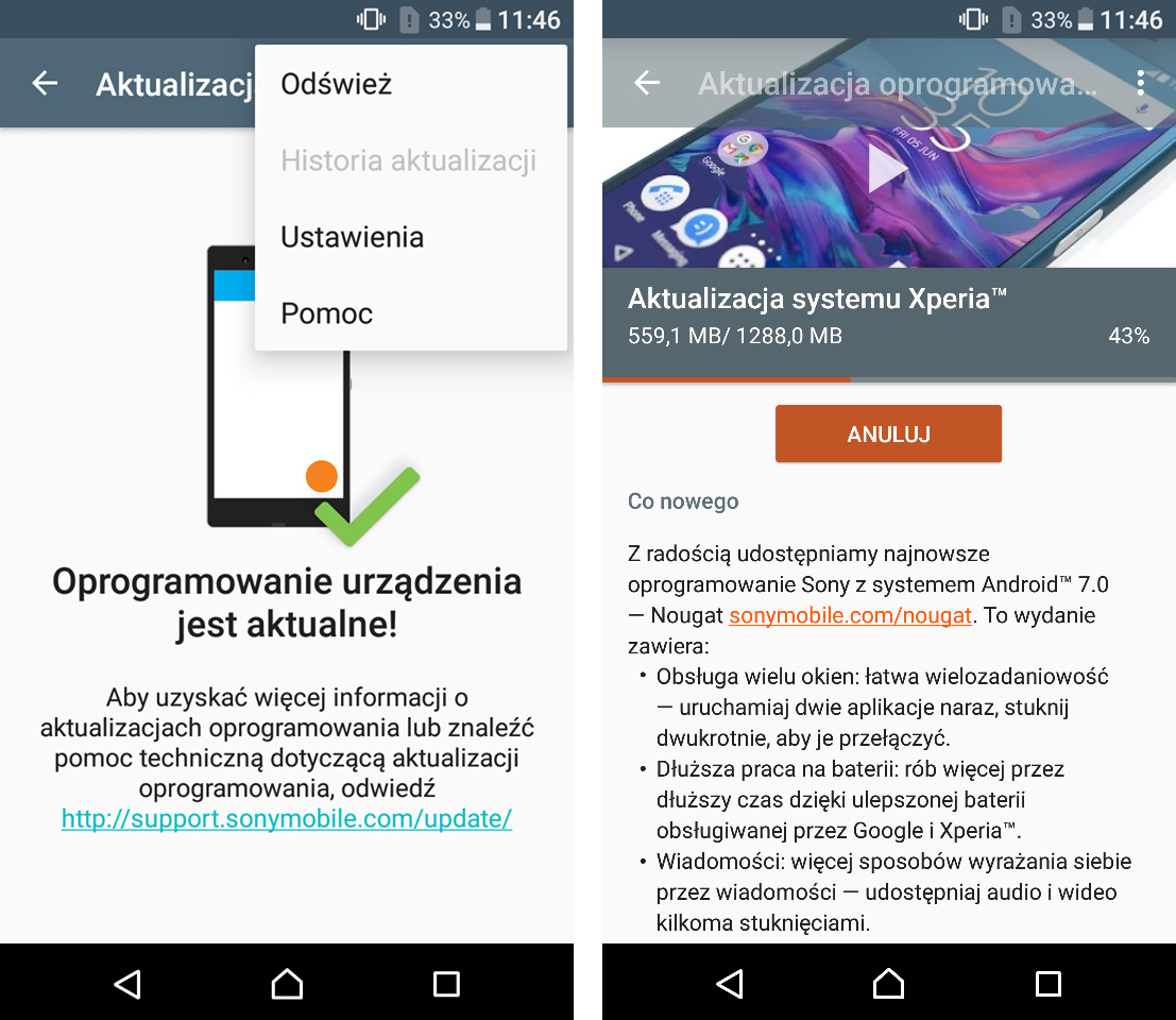 Pobieranie aktualizacji w Xperii Z5