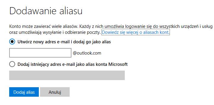 Dodawanie aliasu konta Microsoft