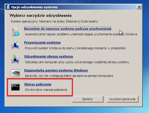 Otwórz okno Wiersz polecenia w narzędziach naprawczych Windows 7