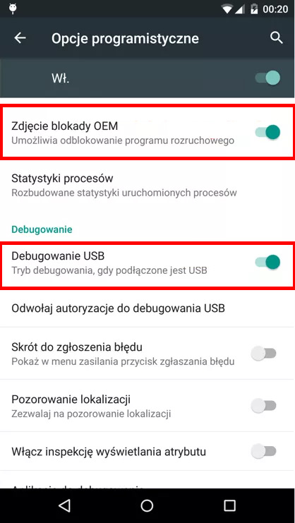 Włącz debugowanie USB i zdjęcie blokady OEM