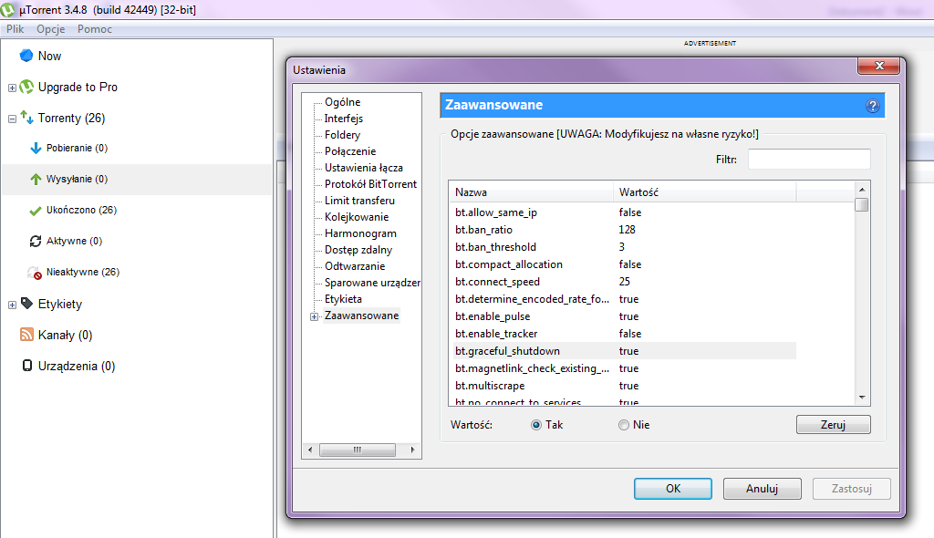 Włącz funkcję bt.graceful_shutdown w uTorrent