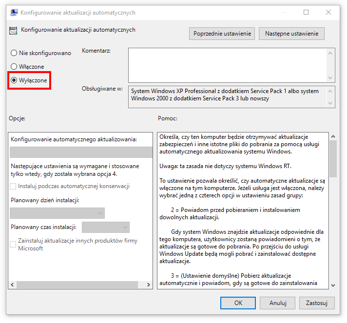 Wyłącz aktualizacje automatyczne w Windows 10 za pomocą gpedit.msc