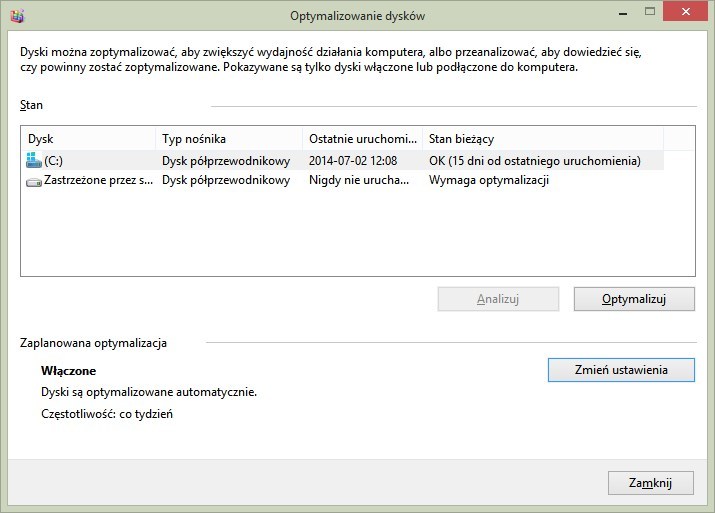Ustawienia defragmentacji i optymalizacji dysków