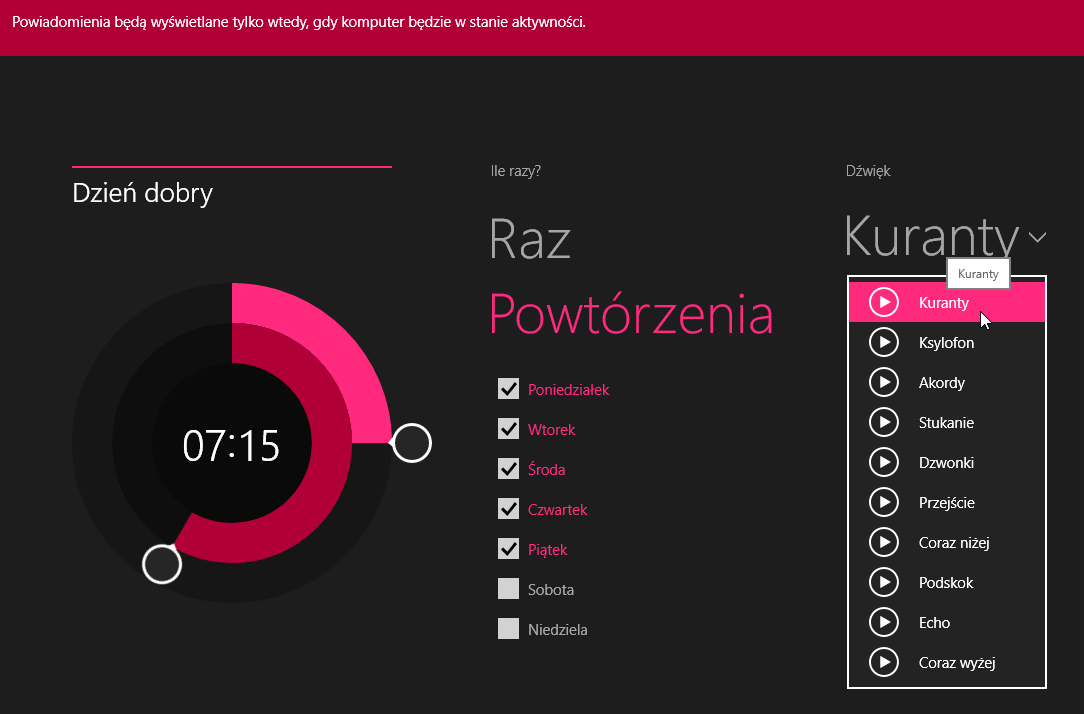 Widok edycji alarmu w Windows 8.1