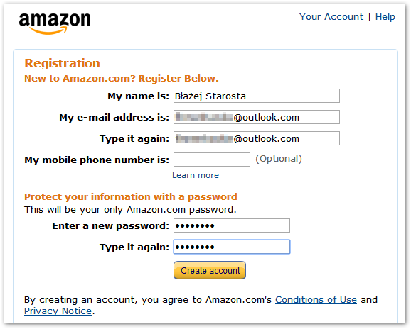 Amazon - rejestracja konta