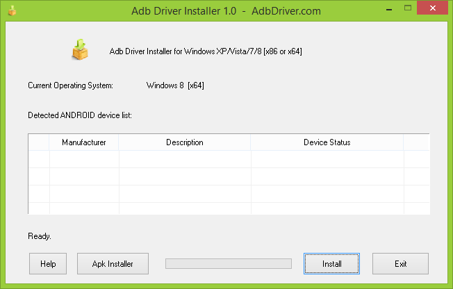 Adb Driver Installer - główny ekran programu