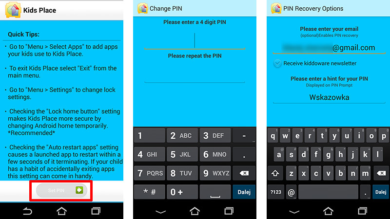 Konfiguracja PINu w Kids Place