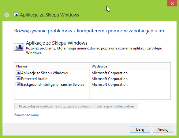 Asystent rozwiązywania problemów z aplikacjami na Windows 8