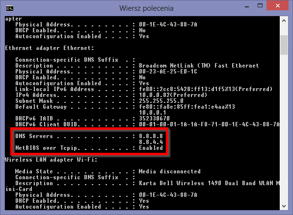 Ustawienia serwerów DNS w Wierszu polecenia