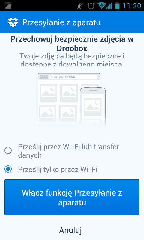 Dropbox - przesyłanie z aparatu