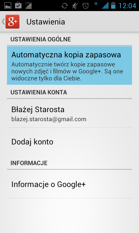 Ustawienia Google+