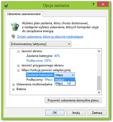 Ustawienia zasilania ekranu