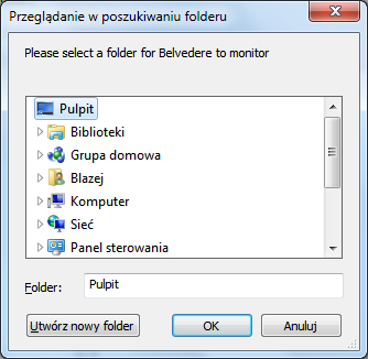 Wybór katalogu do monitorowania w Belvedere