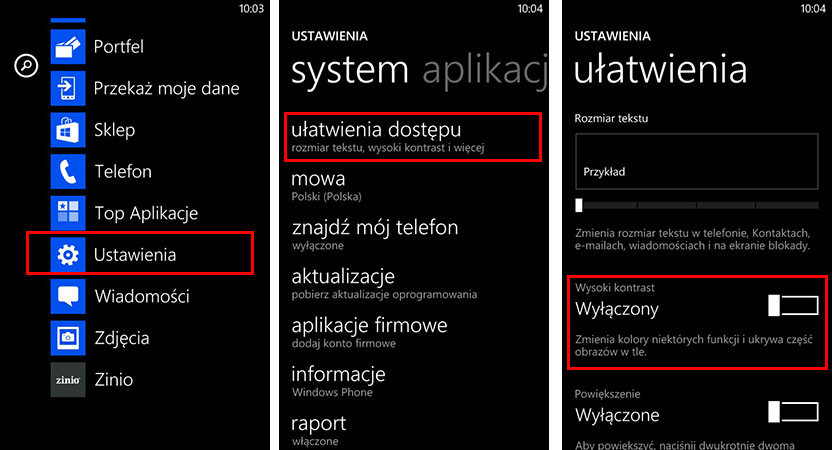 Przejście do ułatwień dostępu w Windows Phone