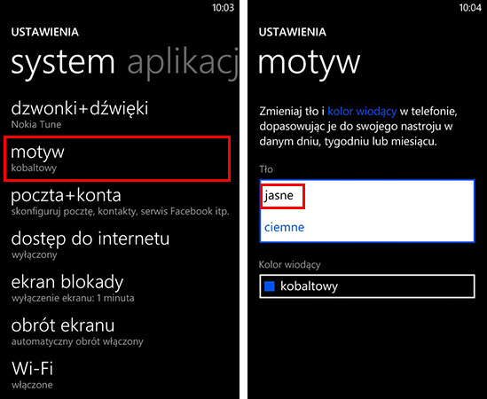 Wybór jasnego tła w Windows Phone