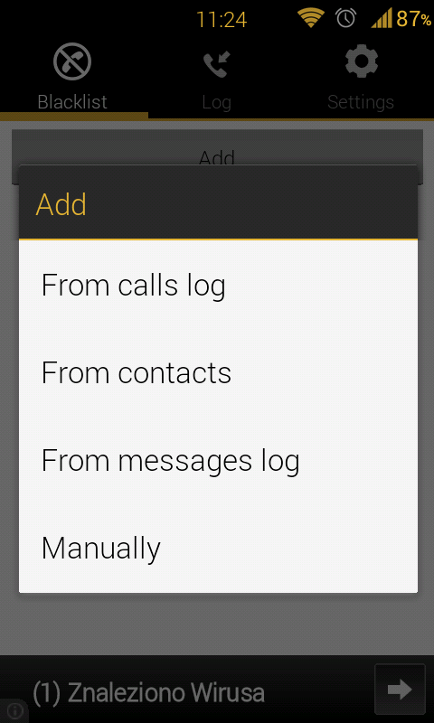 Calls Blacklist - wybór sposobu dodawania numeru