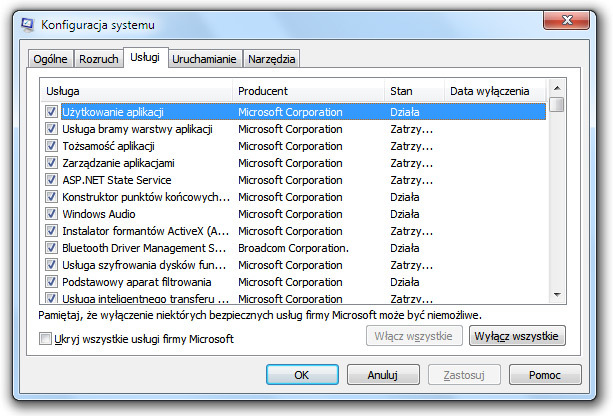 MSConfig - wyłączanie usług