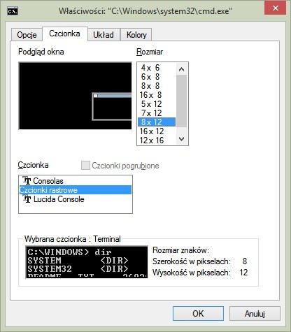 Właściwości CMD - zmiana rozmiaru