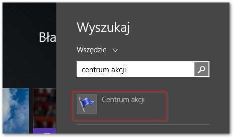 Wyszukiwanie centrum akcji w Windows 8