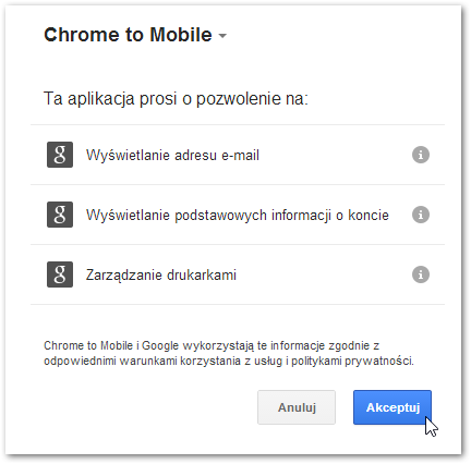 Chrome To Mobile - nadanie uprawnień