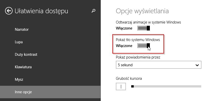 Włączanie pokazywania tła systemu Windows