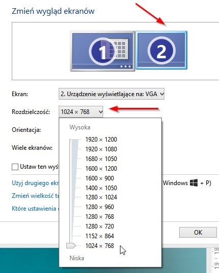 Wybór rozdzielczości dla drugiego monitora