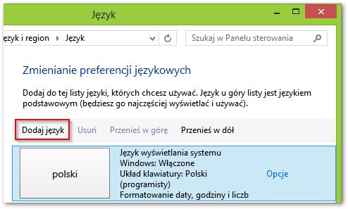 Lista zainstalowanych języków