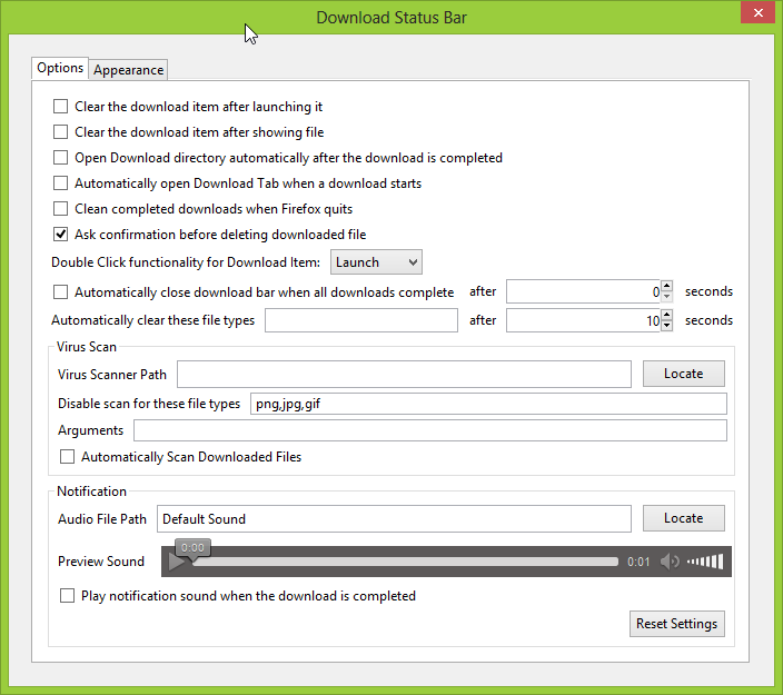 Ustawienia dodatku Download Status Bar