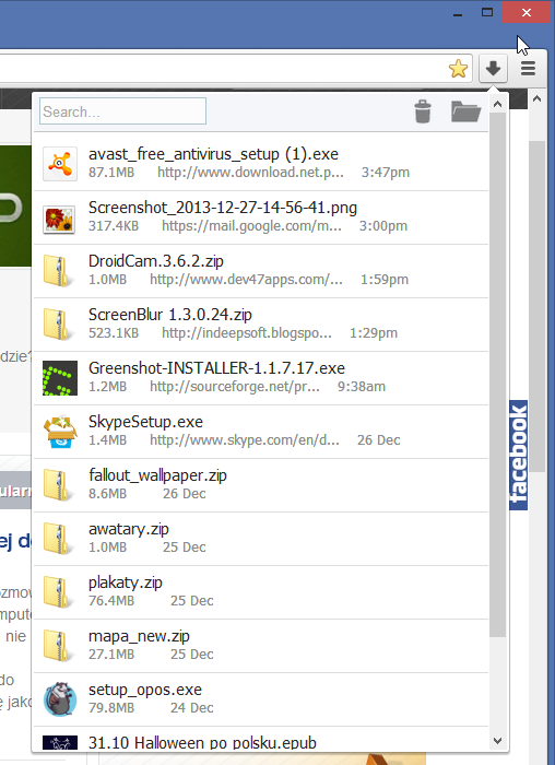 Wysuwane menu pobierania w Chrome
