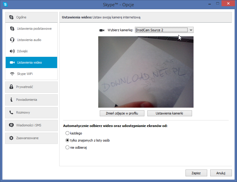 DroidCam - wybór kamerki w Skype