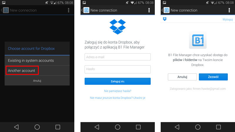B1 File Manager - dodawanie konta Dropbox