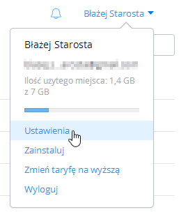 Dropbox - przejście do ustawień