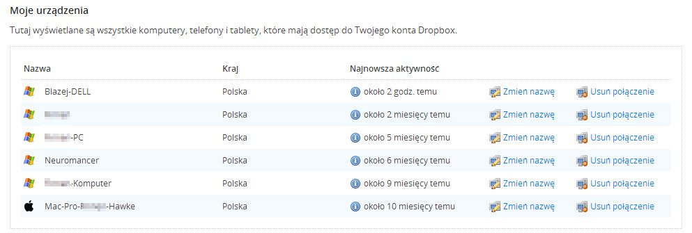 Lista urządzeń w Dropboksie