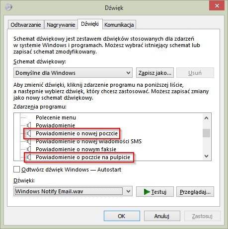 Zmiana dźwięku powiadomienia o nowej poczcie