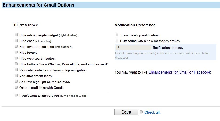 Dostępne opcje w Enhancements for Gmail